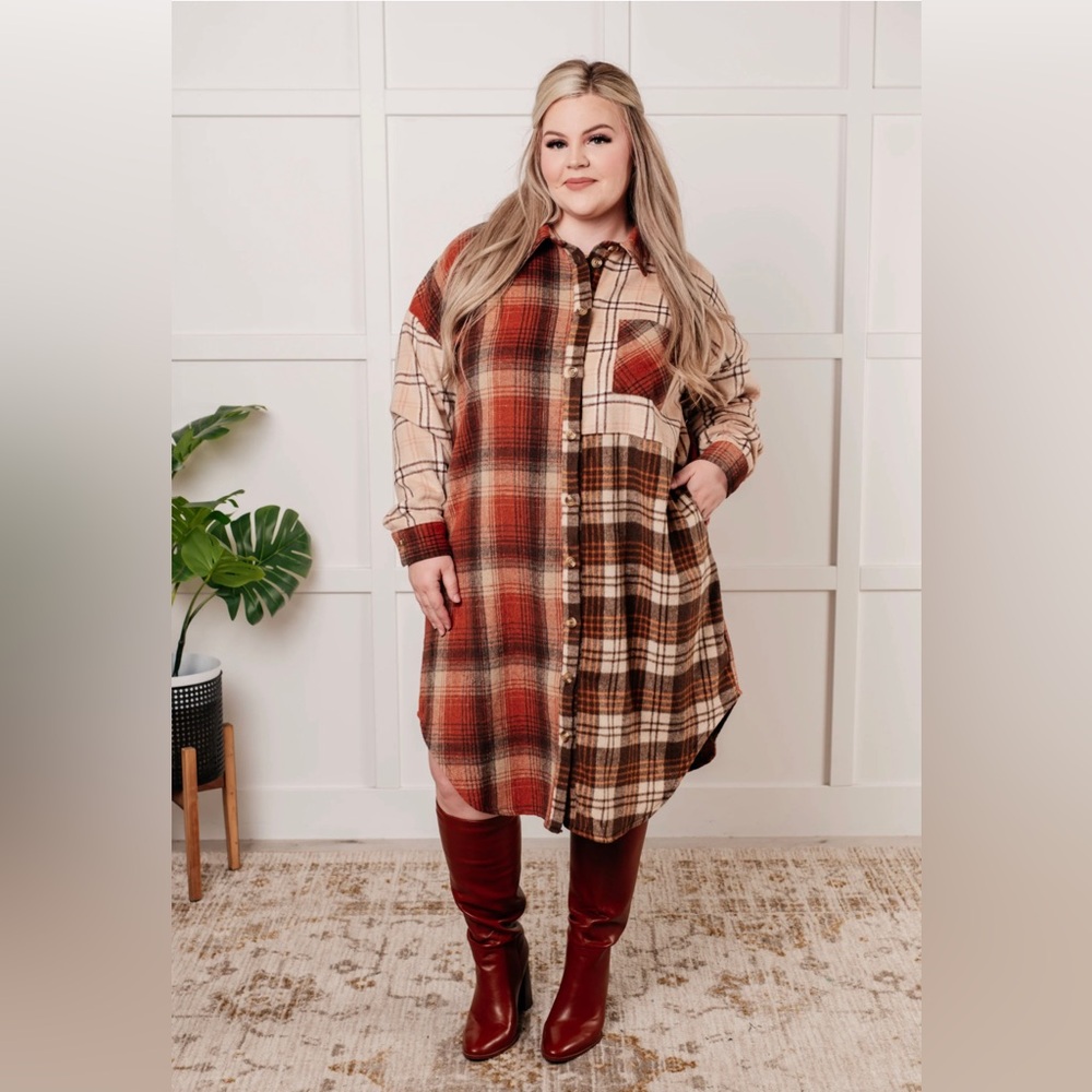 NWT Haptics Plaid Shirt Dress/shacket in Red and Brown size 1X oversize 🍁BG 09